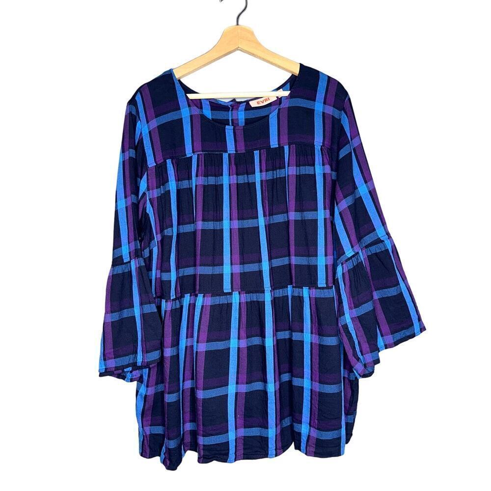EVRI Plaid Long Sleeve Lightweight Blouse Size 2X Blue Black Purple Plus Flowy